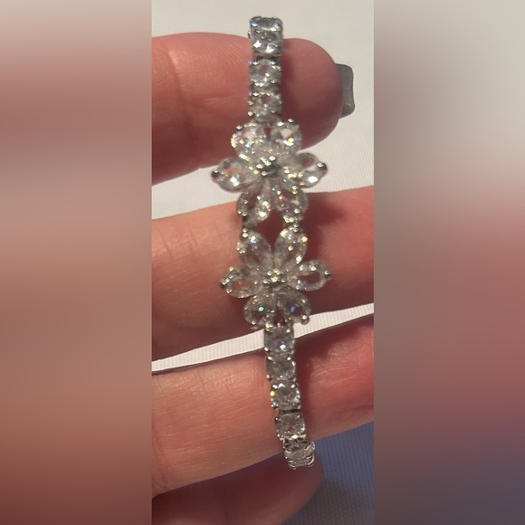 Silver Floral Crystal Slider Bracelet - Sparkling Clear Stones - Picture 4 of 5
